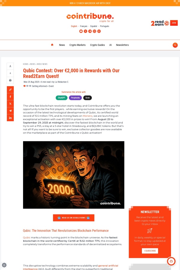 Cointribune Read to Earn website